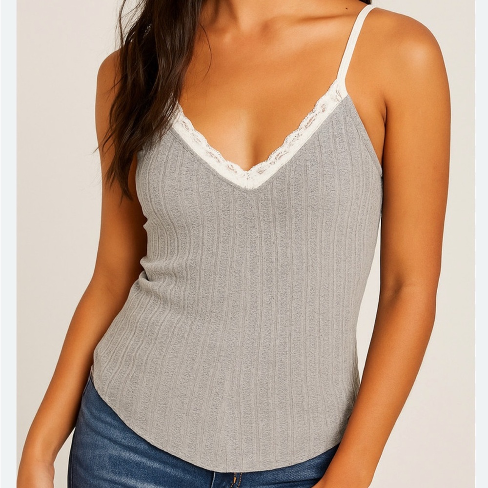 83.) Blu Pepper Gray Ribbed Lace Tank Top